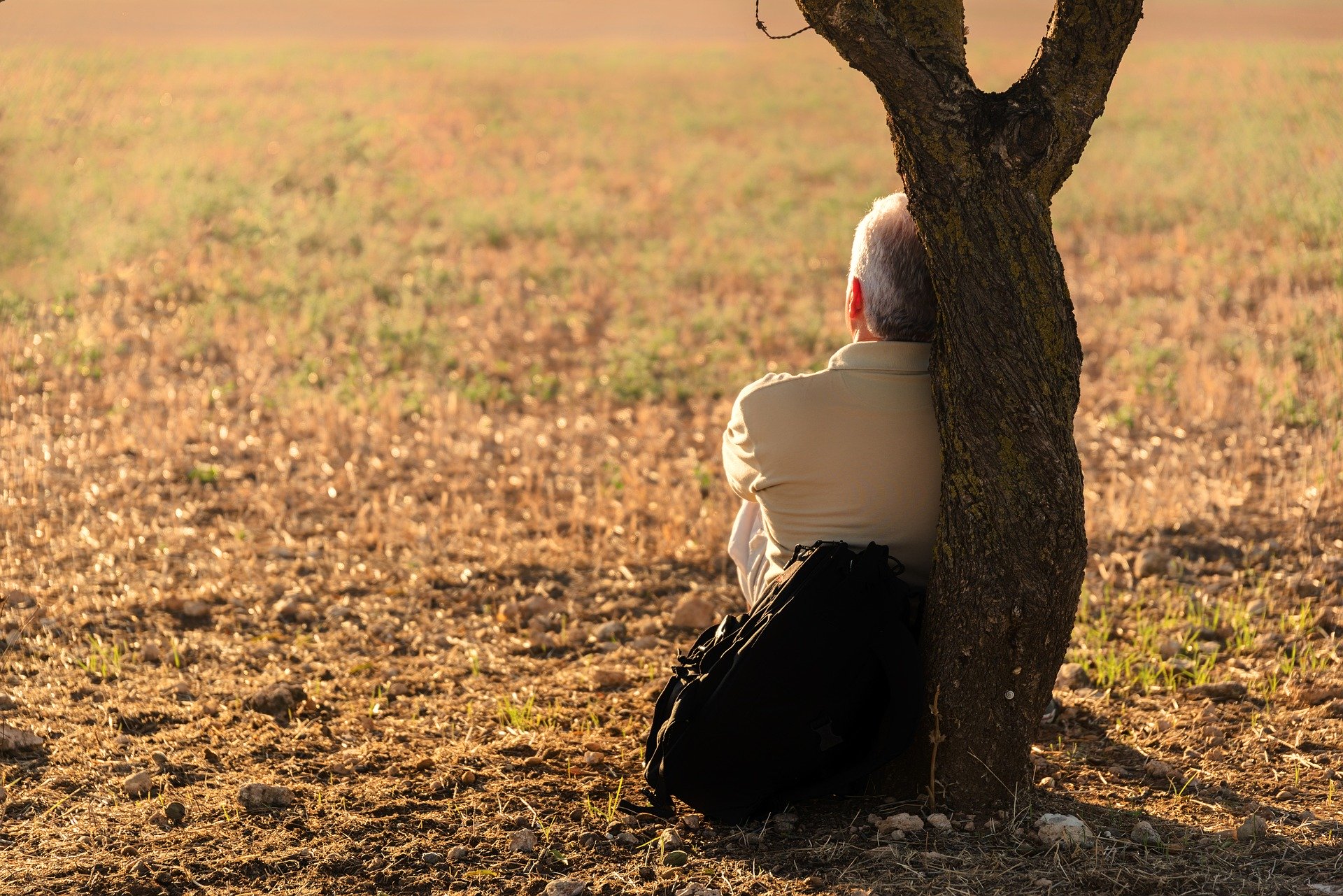Älterer Mann sitzt auf dem Boden an einem Baum mit dem Rücken angelehnt und schaut in die Ferne.